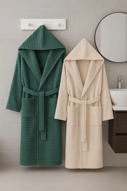 Nature Cotton Plus Size Double Bathrobe Set - Green - 5