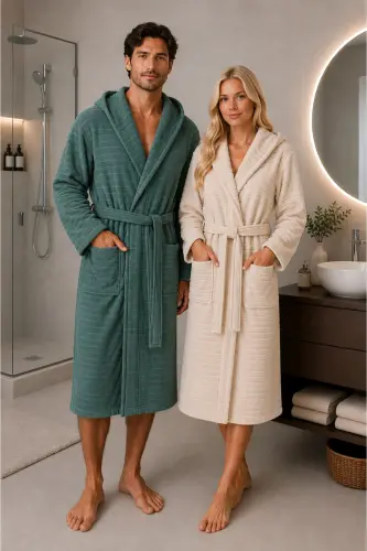 Nature Cotton Plus Size Double Bathrobe Set - Green 