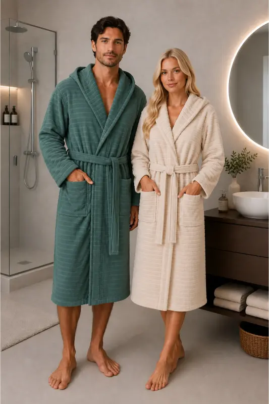 Nature Cotton Plus Size Double Bathrobe Set - Green - 1