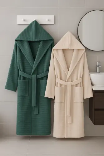 Nature Cotton Plus Size Double Bathrobe Set - Green 