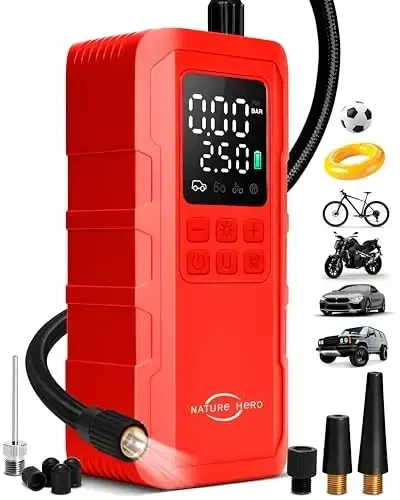 Nature Hero Tire Inflator Portable Air Compressor,150 PSI car tire air Pump Portable with Digital LCD Pressure Gauge,Electric Air Pump for Motorcycle Tires,Bicycle Tires and Balls,Red - 1