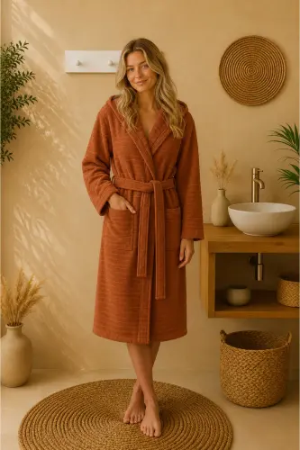 Nature Hooded Plus Size Bathrobe-Brick - 3