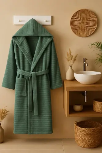 Nature Hooded Unisex Bathrobe-Green - 6