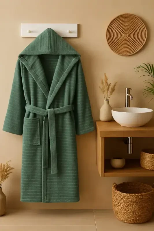 Nature Hooded Unisex Bathrobe-Green - 4