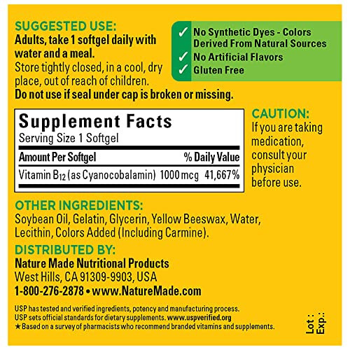 Nature Made B12 Vitamini 1000 мкг, Energiya Metabolizmini Qo'llab-quvvatlash uchun Oziq-ovqat Qo'shimchasi, 90 Yumshoq Jel Kapsula, 90 Kunlik Ta'minot - 5