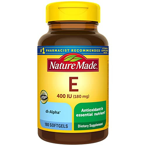 Nature Made E Vitamini 180 mg (400 IU) dl-Alfa, Antioksidan Desteği İçin Besin Takviyesi, Yapay Aroma İçermez, 180 Kapsül, 180 Günlük Dozaj - 1