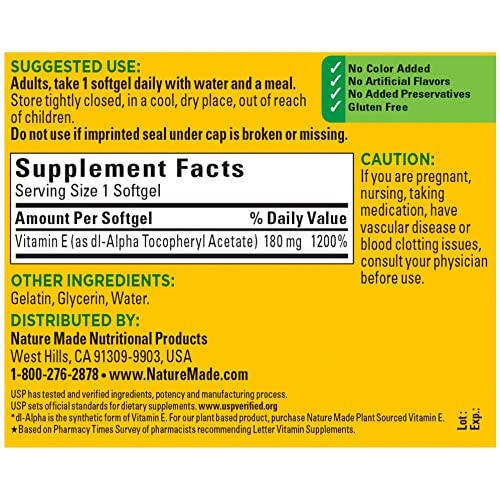 Nature Made Vitamin E 180 mg (400 IU) dl-Alpha, Dietary Supplement for Antioxidant Support, No Artificial Flavors, 180 Softgels, 180 Day Supply - 4