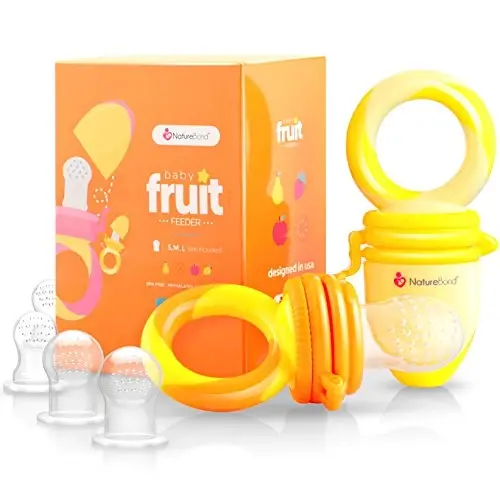 NatureBond Baby Food Feeder/Fruit Feeder Pacifier Nibbler (2 Pack) - Infant Teething Toy Teether Weaning in Appetizing Colors | + Additional Silicone Sacs - 1