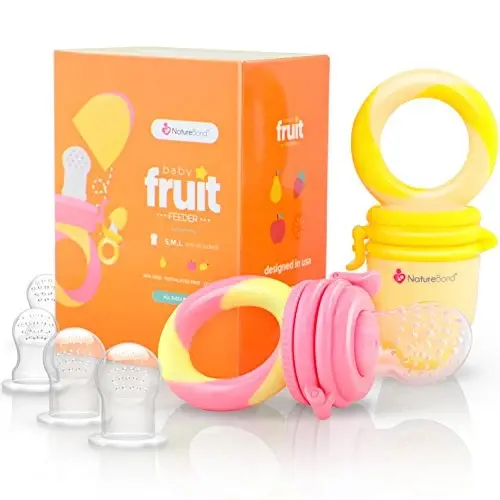 NatureBond Baby Food Feeder/Fruit Feeder Pacifier Nibbler (2 Pack) - Infant Teething Toy Teether Weaning in Appetizing Colors | + Additional Silicone Sacs - 2