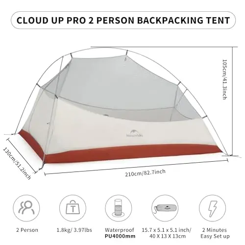 Naturehike Cloud-Up 2 Person Tent Lightweight Backpacking Tent with Footprint - Free Standing Ultralight Camping Hiking Backpack Tents Two Person Tent - 2