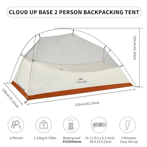 Naturehike Cloud-Up 2 Person Tent Lightweight Backpacking Tent with Footprint - Free Standing Ultralight Camping Hiking Backpack Tents Two Person Tent 