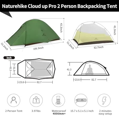 Naturehike Cloud-Up 2 Person Tent Lightweight Backpacking Tent with Footprint - Free Standing Ultralight Camping Hiking Backpack Tents Two Person Tent - Naturehike