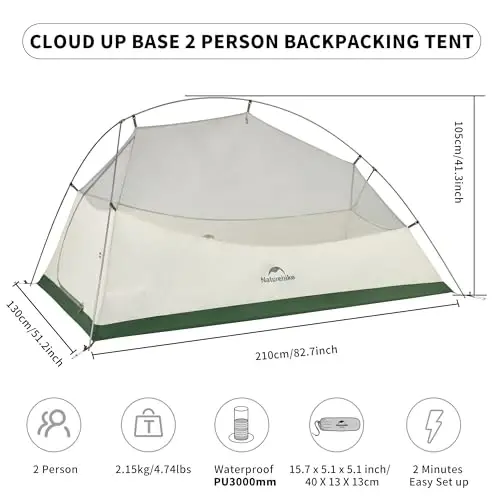 Naturehike Cloud-Up 2 Person Tent Lightweight Backpacking Tent with Footprint - Free Standing Ultralight Camping Hiking Backpack Tents Two Person Tent 
