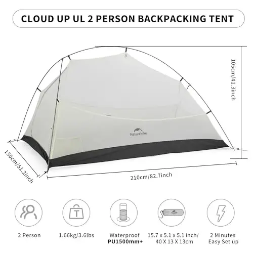 Naturehike Cloud-Up 2 Person Tent Lightweight Backpacking Tent with Footprint - Free Standing Ultralight Camping Hiking Backpack Tents Two Person Tent - 2