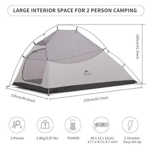 Naturehike Cloud-Up 2 Person Tent Lightweight Backpacking Tent with Footprint - Free Standing Ultralight Camping Hiking Backpack Tents Two Person Tent - 2