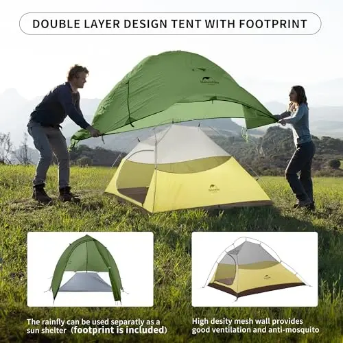 Naturehike Cloud-Up 2 Person Tent Lightweight Backpacking Tent with Footprint - Free Standing Ultralight Camping Hiking Backpack Tents Two Person Tent - 3