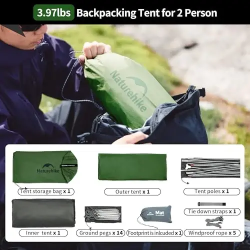Naturehike Cloud-Up 2 Person Tent Lightweight Backpacking Tent with Footprint - Free Standing Ultralight Camping Hiking Backpack Tents Two Person Tent - 6