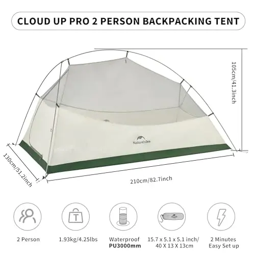 Naturehike Cloud-Up 2 Person Tent Lightweight Backpacking Tent with Footprint - Free Standing Ultralight Camping Hiking Backpack Tents Two Person Tent - 2