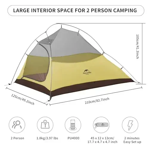 Naturehike Cloud-Up 2 Person Tent Lightweight Backpacking Tent with Footprint - Free Standing Ultralight Camping Hiking Backpack Tents Two Person Tent - 2