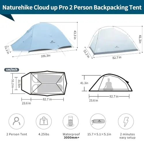 Naturehike Cloud-Up 2 Person Tent Lightweight Backpacking Tent with Footprint - Free Standing Ultralight Camping Hiking Backpack Tents Two Person Tent - NATUREHIKE (1)