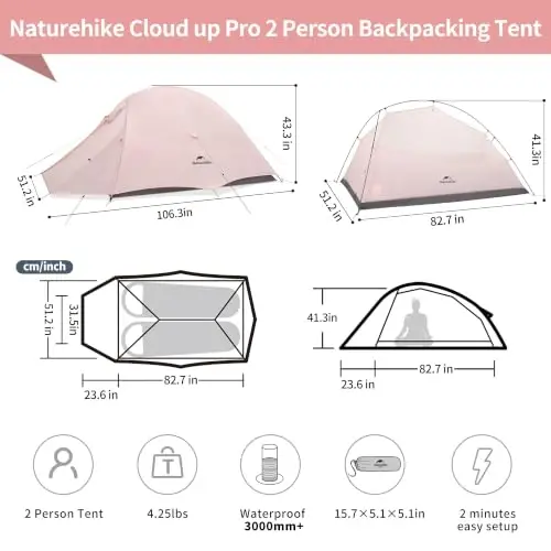 Naturehike Cloud-Up 2 Person Tent Lightweight Backpacking Tent with Footprint - Free Standing Ultralight Camping Hiking Backpack Tents Two Person Tent - 3
