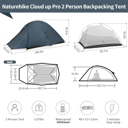 Naturehike Cloud-Up 2 Person Tent Lightweight Backpacking Tent with Footprint - Free Standing Ultralight Camping Hiking Backpack Tents Two Person Tent - NATUREHIKE (1)