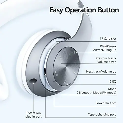 Наушники беспроводные Bluetooth, 60 часов воспроизведения Складные легкие Bluetooth-наушники Беспроводные накладные Проводные Hi-Fi стерео с 6 режимами эквалайзера, Регулируемая гарнитура с глубокими басами с микрофоном, FM, TF для взрослых - 4