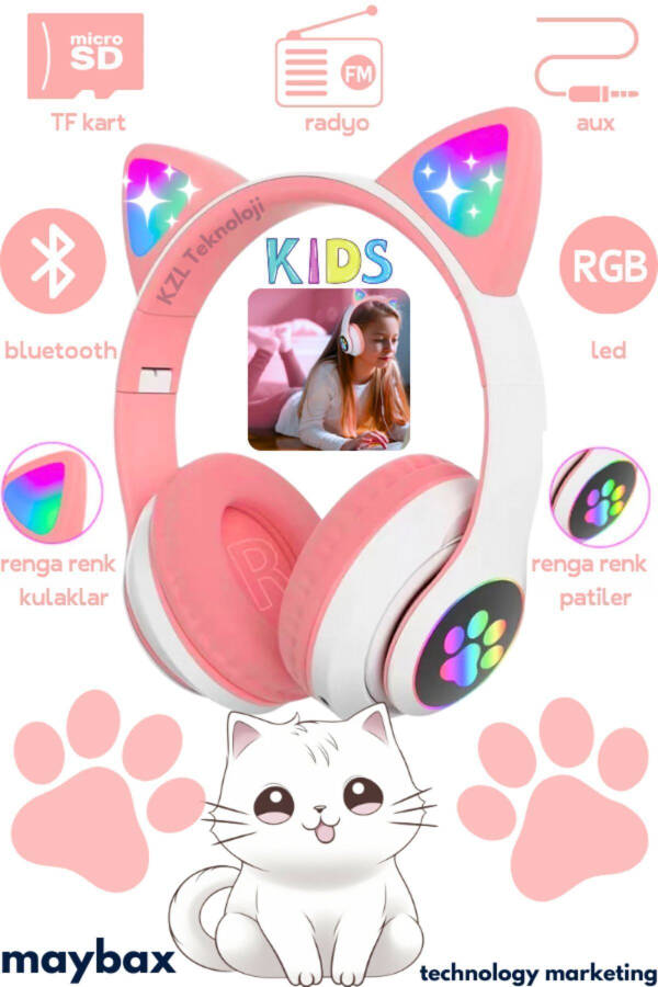 Наушники Bluetooth A Quality Vilya Cat Ear с подробной совместимостью, без проводов, для детей-геймеров - 17