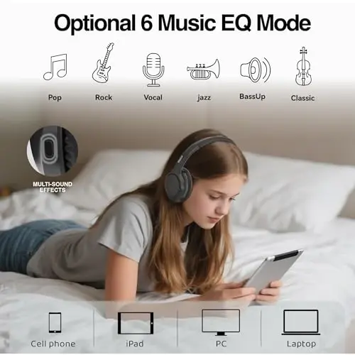 Наушники MIDOLA Bluetooth полноразмерные 68 часов воспроизведения 6 эквалайзеров Беспроводные наушники с микрофоном HiFi стерео Складные легкие глубокие басы для путешествий дома офиса мобильного телефона Черный - 4