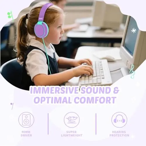 Наушники MIDOLA для детей с ограничением громкости 85/110dB Проводные накладные/внутриканальные Складные наушники с встроенным кабелем AUX 3,5 мм шнур с микрофоном для мальчика девочки ребенка ПК ноутбука планшета Фиолетовый - 4