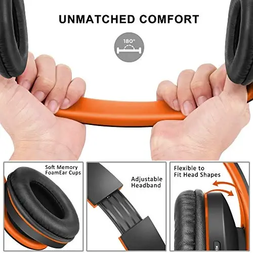 Наушники ZIHNIC Bluetooth с оголовьем, складные беспроводные и проводные стерео наушники Micro SD/TF, FM для мобильного телефона, ПК, мягкие амбушюры и легкий вес для длительного ношения (черный/оранжевый) - ZIHNIC (1)