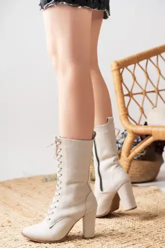 Navas Cream Suede High Heel Lace-up Detail Women's Boot-Cream - 3