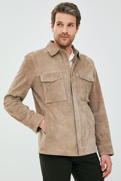 Navas Men's Beige Shirt Style Suede Leather Jacket 23sgd648310 - 9