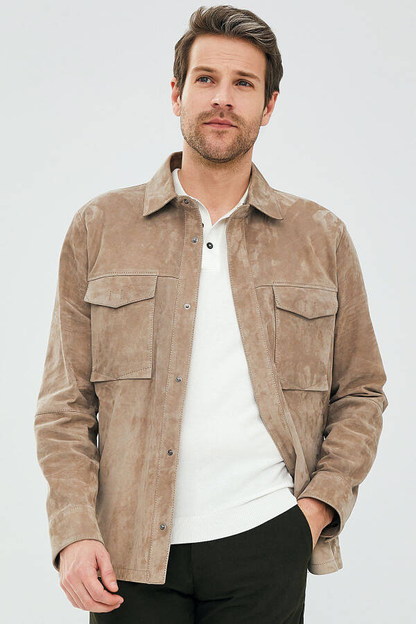 Navas Men's Beige Shirt Style Suede Leather Jacket 23sgd648310 - 1