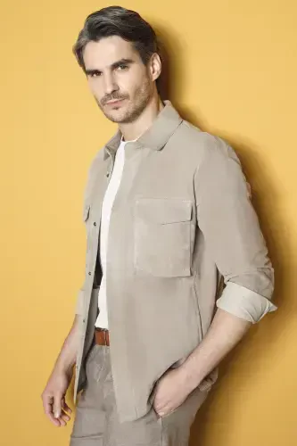 Navas Men's Beige Shirt Style Suede Leather Jacket 23sgd648310 - 1