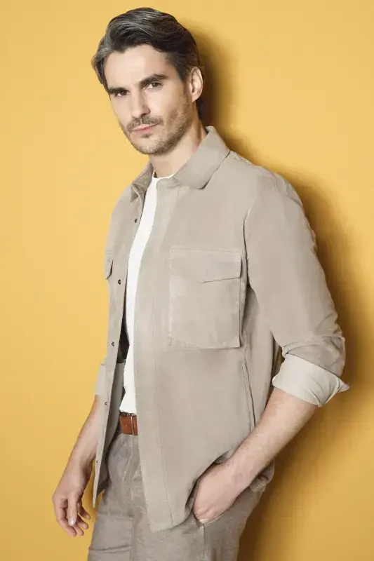 Navas Men's Beige Shirt Style Suede Leather Jacket 23sgd648310 - 1