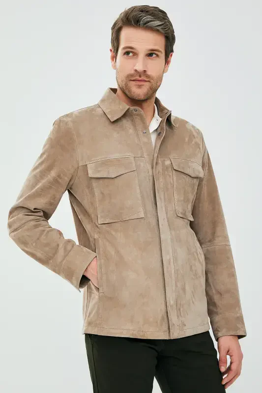 Navas Men's Beige Shirt Style Suede Leather Jacket 23sgd648310 - 4