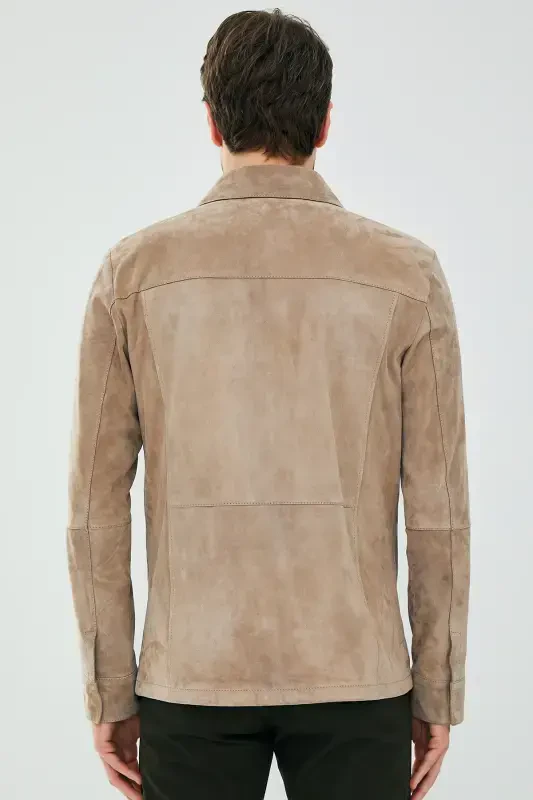 Navas Men's Beige Shirt Style Suede Leather Jacket 23sgd648310 - 5