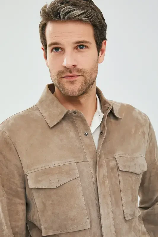 Navas Men's Beige Shirt Style Suede Leather Jacket 23sgd648310 - 6