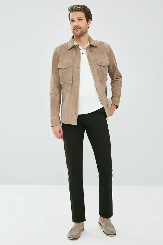 Navas Men's Beige Shirt Style Suede Leather Jacket 23sgd648310 - 7