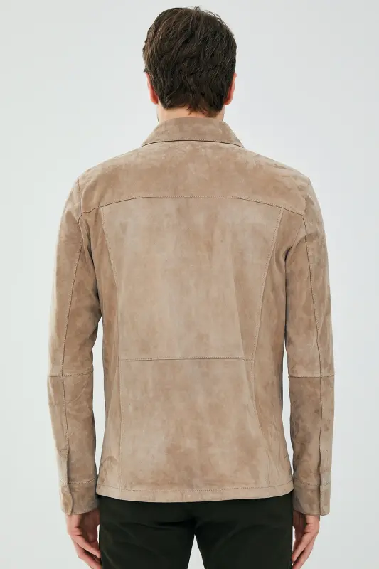 Navas Men's Beige Shirt Style Suede Leather Jacket 23sgd648310 - 5