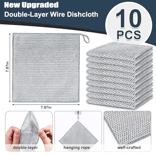 Navona 10 Pcs New Upgrade Steel Wire Dishcloth,Double-Layer Steel Wire Cleaning Cloth,Powerful Cleaning Non-Scratch Wire Dishcloth Rag for Cookware, Sinks, Dishes, Stove Tops - 2