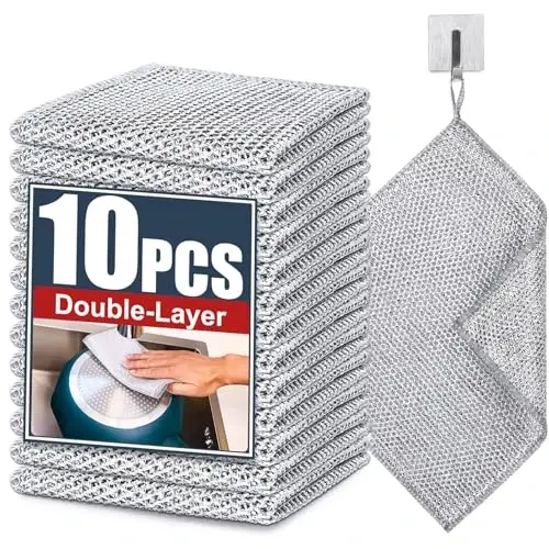 Navona 10 Pcs New Upgrade Steel Wire Dishcloth,Double-Layer Steel Wire Cleaning Cloth,Powerful Cleaning Non-Scratch Wire Dishcloth Rag for Cookware, Sinks, Dishes, Stove Tops - NAVONA
