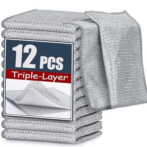 Navona 12 Pcs New Upgrade Steel Wire Dishcloth,Triple-Layer Steel Wire Cleaning Cloth,Powerful Cleaning Non-Scratch Wire Dishcloth Rag for Cookware, Sinks, Dishes, Stove Tops - 1