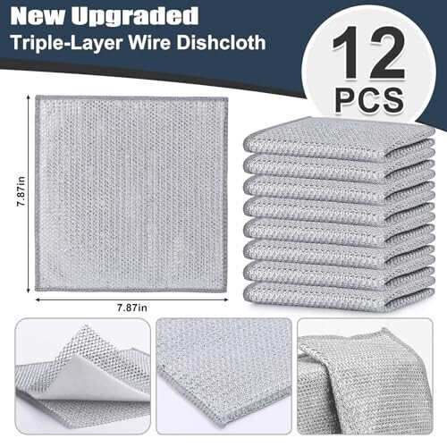 Navona 12 Pcs New Upgrade Steel Wire Dishcloth,Triple-Layer Steel Wire Cleaning Cloth,Powerful Cleaning Non-Scratch Wire Dishcloth Rag for Cookware, Sinks, Dishes, Stove Tops - 2