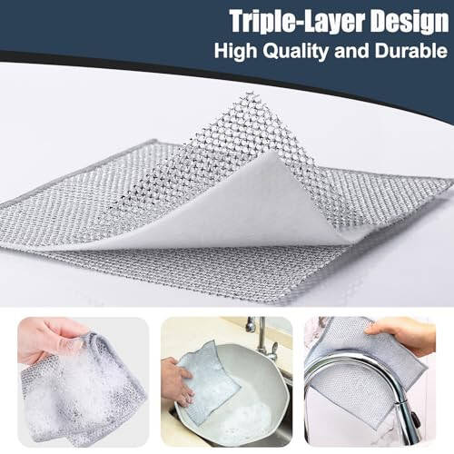 Navona 12 Pcs New Upgrade Steel Wire Dishcloth,Triple-Layer Steel Wire Cleaning Cloth,Powerful Cleaning Non-Scratch Wire Dishcloth Rag for Cookware, Sinks, Dishes, Stove Tops - 3