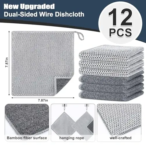Navona 12 Pcs New Upgrade Steel Wire Dishcloth,Dry and Wet Dual-Use Steel Wire Cleaning Cloth,Powerful Cleaning Non-Scratch Wire Dishcloth Rag for Cookware, Sinks, Dishes, Stove Tops - NAVONA (1)