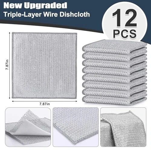 Navona 12 Pcs New Upgrade Steel Wire Dishcloth,Triple-Layer Steel Wire Cleaning Cloth,Powerful Cleaning Non-Scratch Wire Dishcloth Rag for Cookware, Sinks, Dishes, Stove Tops - MODAZONE (1)