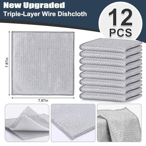 Navona 12 Pcs New Upgrade Steel Wire Dishcloth,Triple-Layer Steel Wire Cleaning Cloth,Powerful Cleaning Non-Scratch Wire Dishcloth Rag for Cookware, Sinks, Dishes, Stove Tops - 2