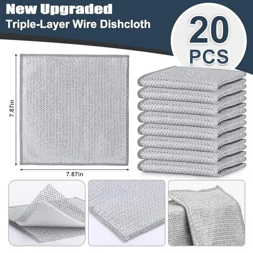 Navona 20 Pcs New Upgrade Steel Wire Dishcloth,Triple-Layer Steel Wire Cleaning Cloth,Powerful Cleaning Non-Scratch Wire Dishcloth Rag for Cookware, Sinks, Dishes, Stove Tops, 20pack, NA-608 - NAVONA (1)